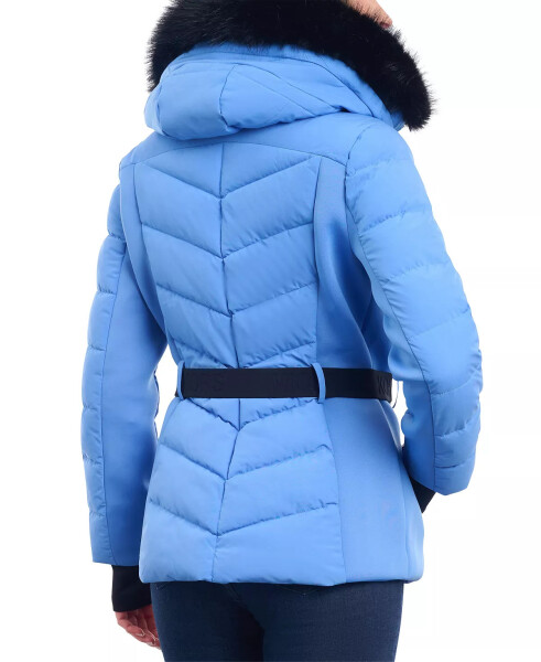 Women's Belted Faux-Fur-Trim Hooded Puffer Coat Crew Blue - 5