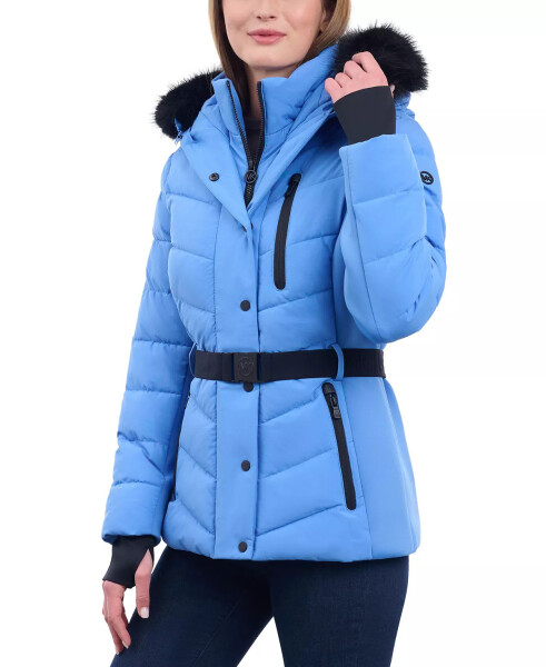 Women's Belted Faux-Fur-Trim Hooded Puffer Coat Crew Blue - 6