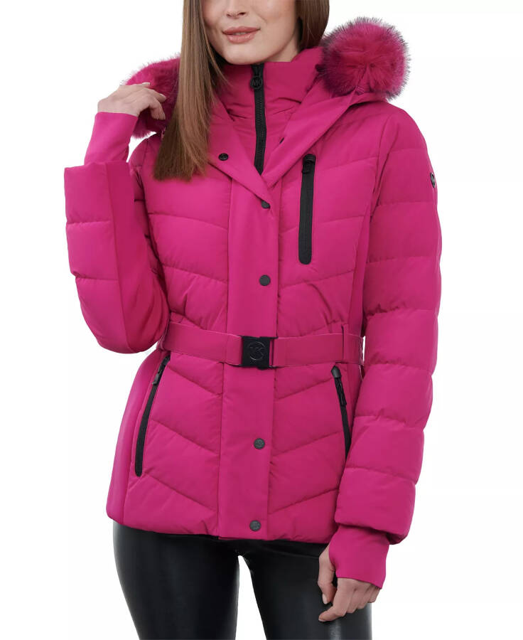 Women's Belted Faux-Fur-Trim Hooded Puffer Coat Deep Fuchsia - 4