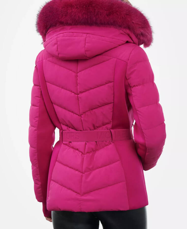 Women's Belted Faux-Fur-Trim Hooded Puffer Coat Deep Fuchsia - 5