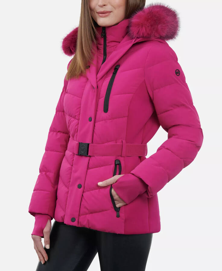 Women's Belted Faux-Fur-Trim Hooded Puffer Coat Deep Fuchsia - 6