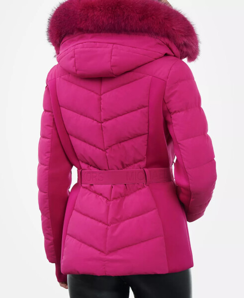 Women's Belted Faux-Fur-Trim Hooded Puffer Coat Deep Fuchsia - 2