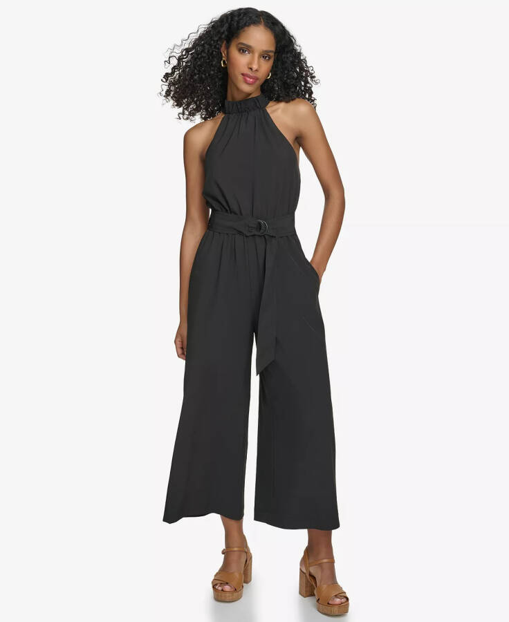 Women's Belted Halter-Neck Straight-Leg Jumpsuit Black - 1