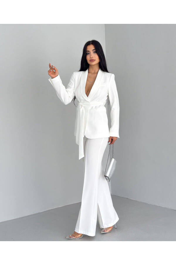 Women's Belted Jacket and Pants Set White - 1