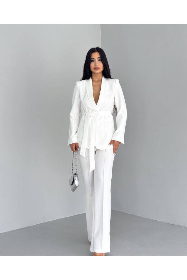 Women's Belted Jacket and Pants Set White - 2