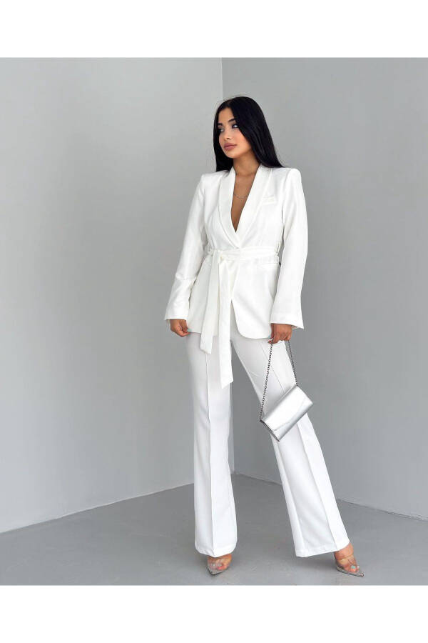 Women's Belted Jacket and Pants Set White - 4