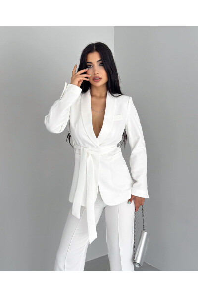 Women's Belted Jacket and Pants Set White - 5