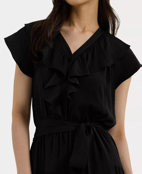 Women's Belted Ruffle-Trim Satin Tiered Dress Black - 3