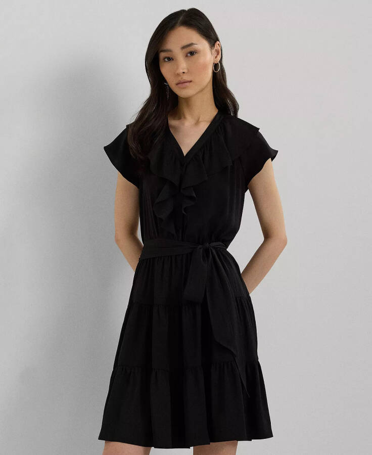 Women's Belted Ruffle-Trim Satin Tiered Dress Black - 4