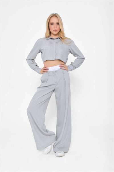 Women's BG Striped Boxer Detailed Crop Shirt Wide Leg Fit Pants Set Grey - 1