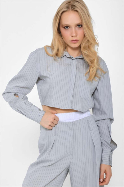 Women's BG Striped Boxer Detailed Crop Shirt Wide Leg Fit Pants Set Grey - 2