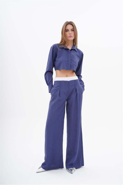 Women's BG Striped Boxer Detailed Crop Shirt Wide Leg Fit Pants Set Navy - 1