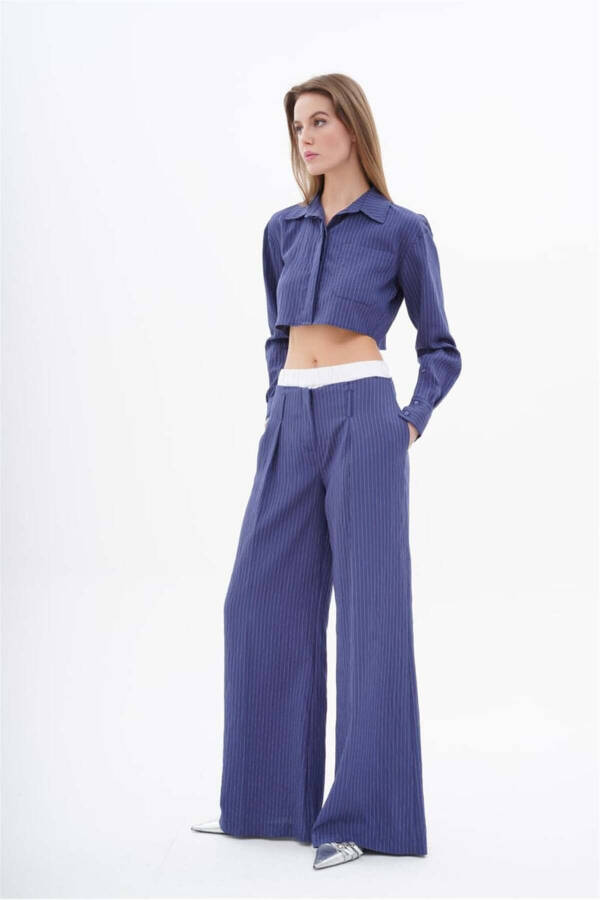 Women's BG Striped Boxer Detailed Crop Shirt Wide Leg Fit Pants Set Navy - 2