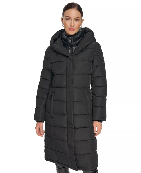 Women's Bibbed Hooded Puffer Coat Black - 1