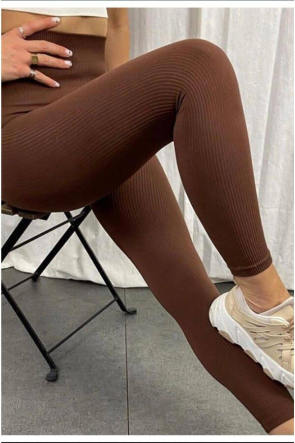 Women's Bitter Brown High Waist Ribbed Leggings - 2