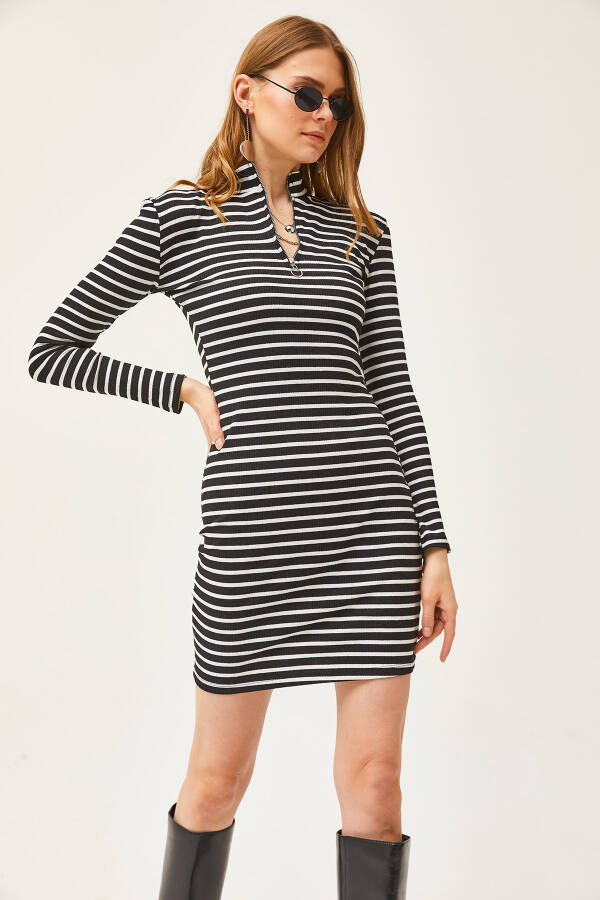 Women's Black and White Zippered Striped Mini Knit Dress ELB-19002037 - 3