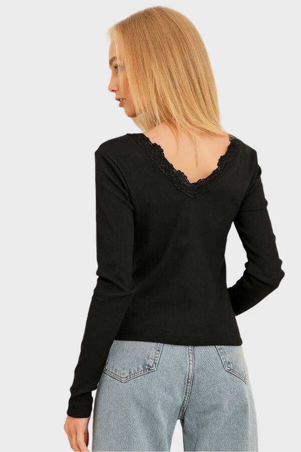 Women's Black Back Front V Neck Lace Detail Blouse ALC-X11246 - 5