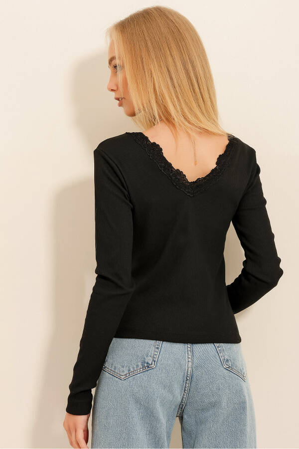 Women's Black Back Front V Neck Lace Detail Blouse ALC-X11246 - 10