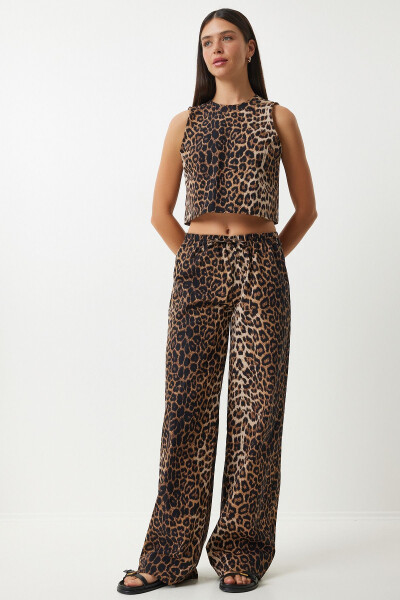 Women's Black Beige Leopard Print Bow Blouse Pants Suit (UL00032) - 3