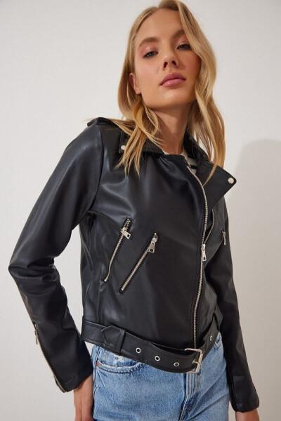 Women's Black Belt Leather Jacket - 6