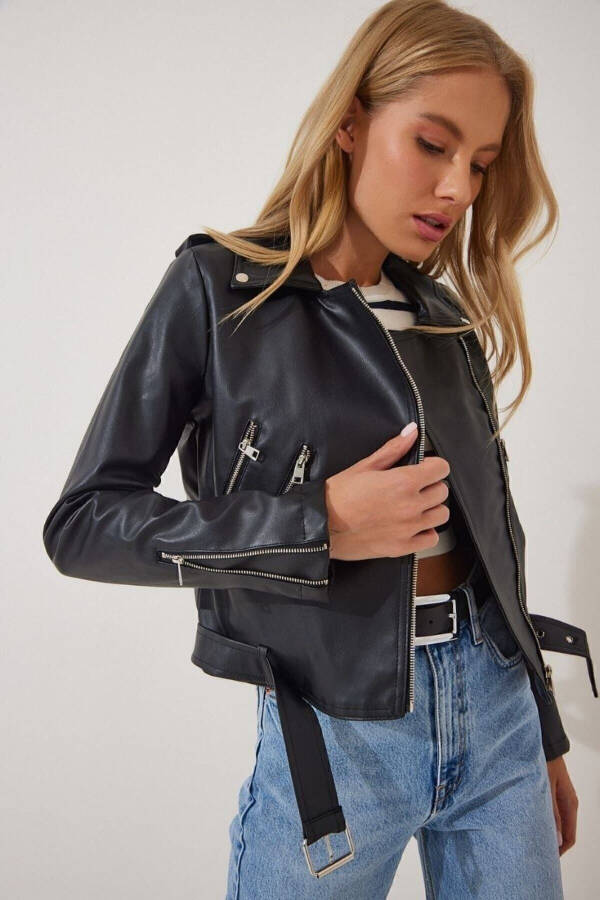 Women's Black Belt Leather Jacket - 8