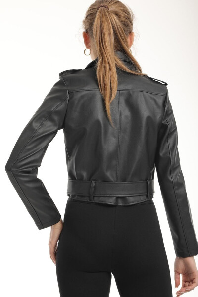 Women's Black Belted Leather Jacket - 1