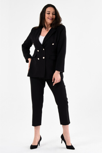 Women's Black Blazer Jacket with Belt Pockets and Wide Leg Trousers Plus Size Suit - 1