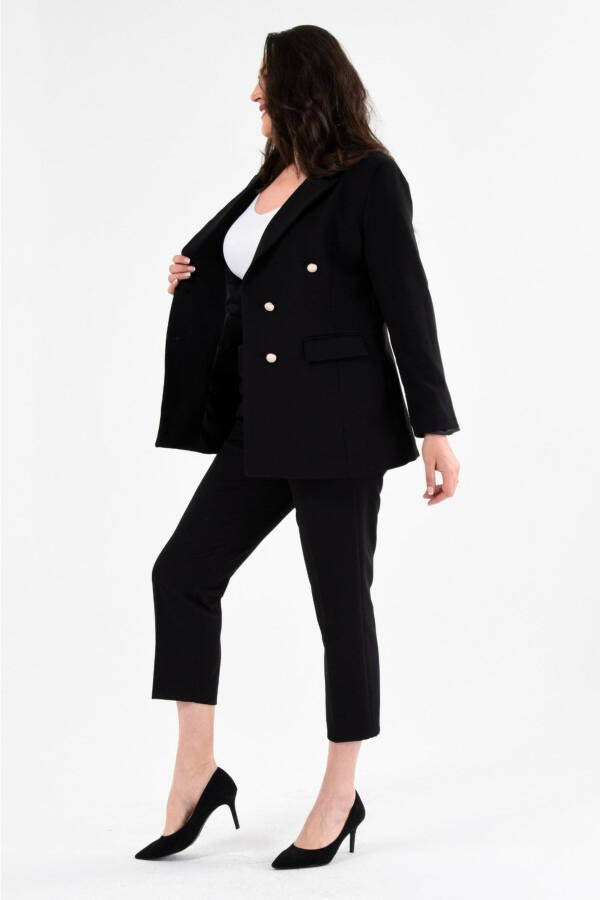 Women's Black Blazer Jacket with Belt Pockets and Wide Leg Trousers Plus Size Suit - 2