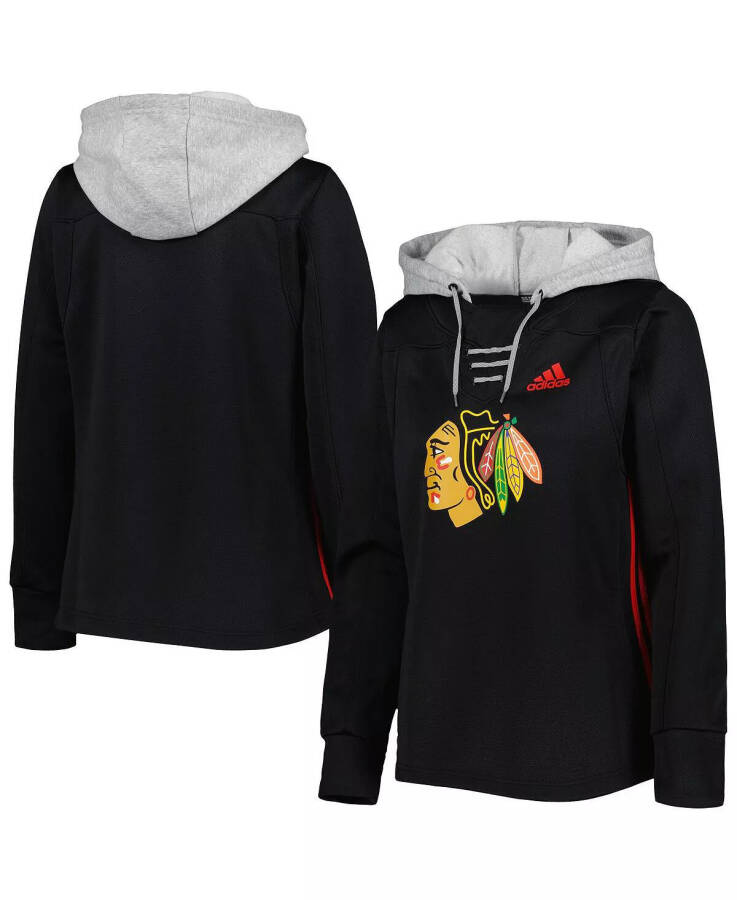 Women's Black Chicago Blackhawks Skate Lace Team Pullover Hoodie Black - 1