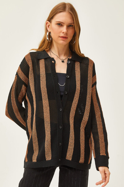 Women's Black Coffee Striped Lace Seasonal Shirt GML-19001172 - 1