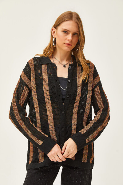 Women's Black Coffee Striped Lace Seasonal Shirt GML-19001172 - 2