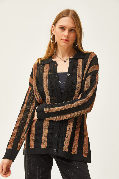 Women's Black Coffee Striped Lace Seasonal Shirt GML-19001172 - 4