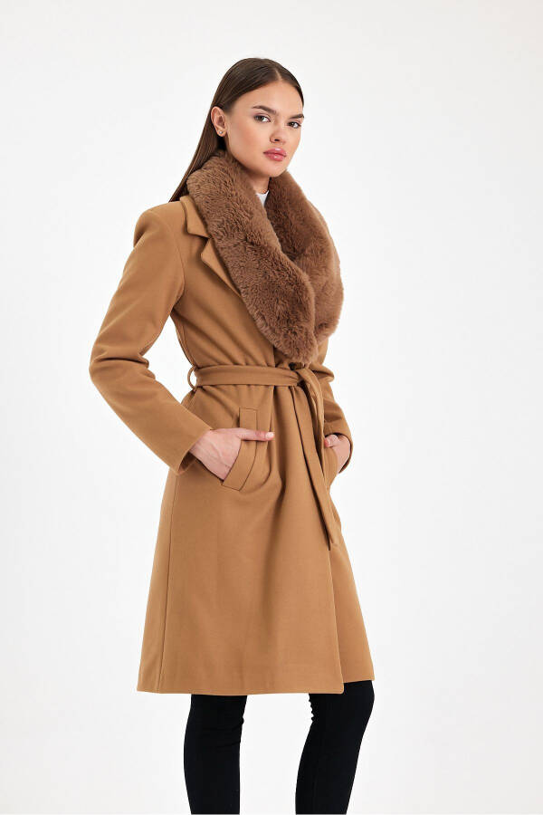 Women's black collar fur cashmere coat - 6