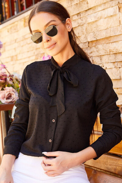 Women's Black Collar Tie-Up Patterned Shirt Arm-20K001150 - 6