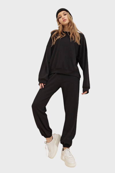 Women's Black Crew Neck Elastic Waist & Cuff Two-Thread Basic Tracksuit ALC-507-669-001 - 4