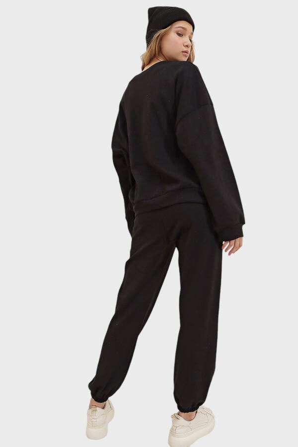 Women's Black Crew Neck Elastic Waist & Cuff Two-Thread Basic Tracksuit ALC-507-669-001 - 5