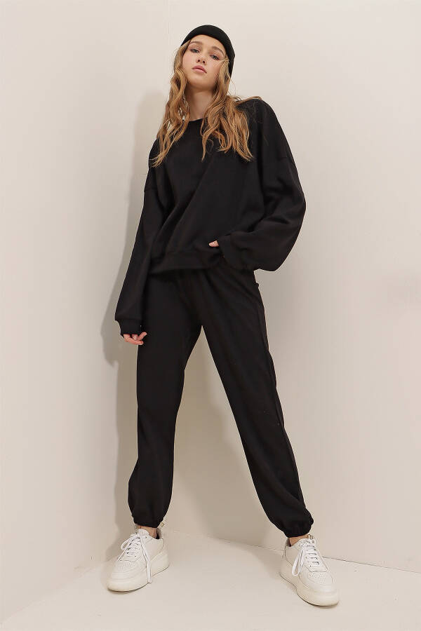 Women's Black Crew Neck Elastic Waist & Cuff Two-Thread Basic Tracksuit ALC-507-669-001 - 7