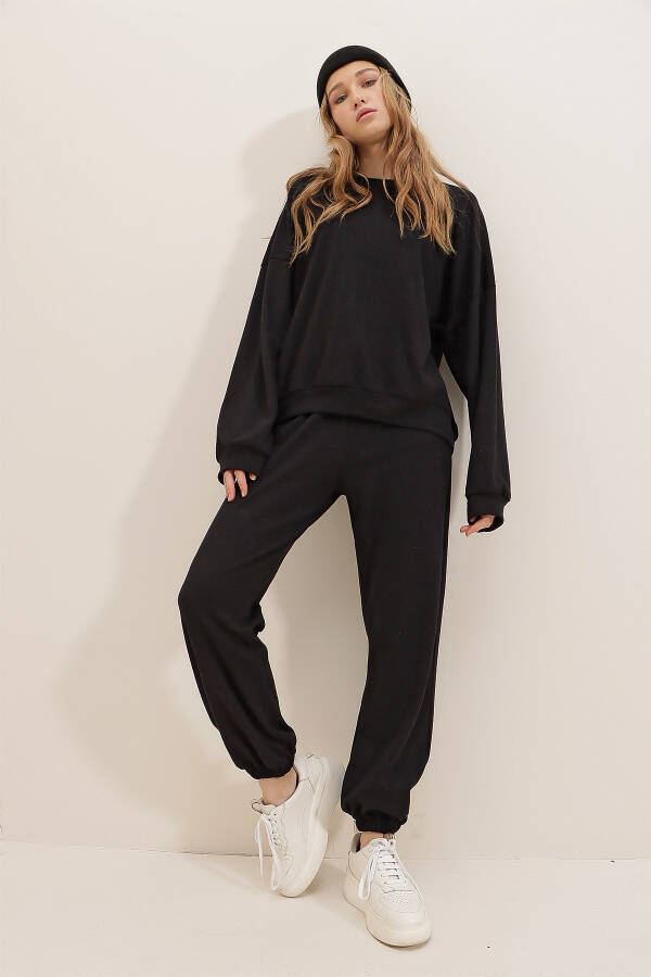 Women's Black Crew Neck Elastic Waist & Cuff Two-Thread Basic Tracksuit ALC-507-669-001 - 9