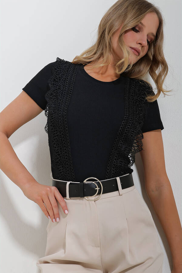 Women's Black Crew Neck Guipure Detail Blouse ALC-X11581 - 4