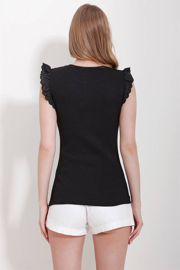 Women's Black Crew Neck Sleeveless Blouse with Ruffles ALC-X11579 - 5