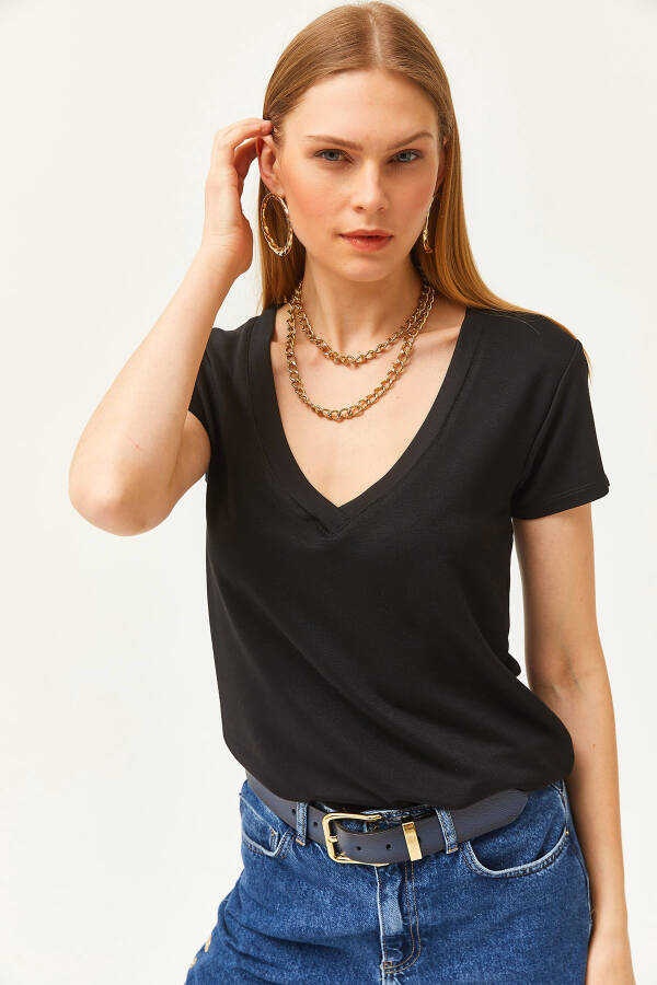 Women's Black Deep V-Neck Modal Buttoned T-Shirt TSH-19000773 - 1