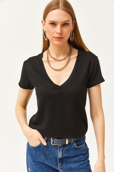 Women's Black Deep V-Neck Modal Buttoned T-Shirt TSH-19000773 - 2