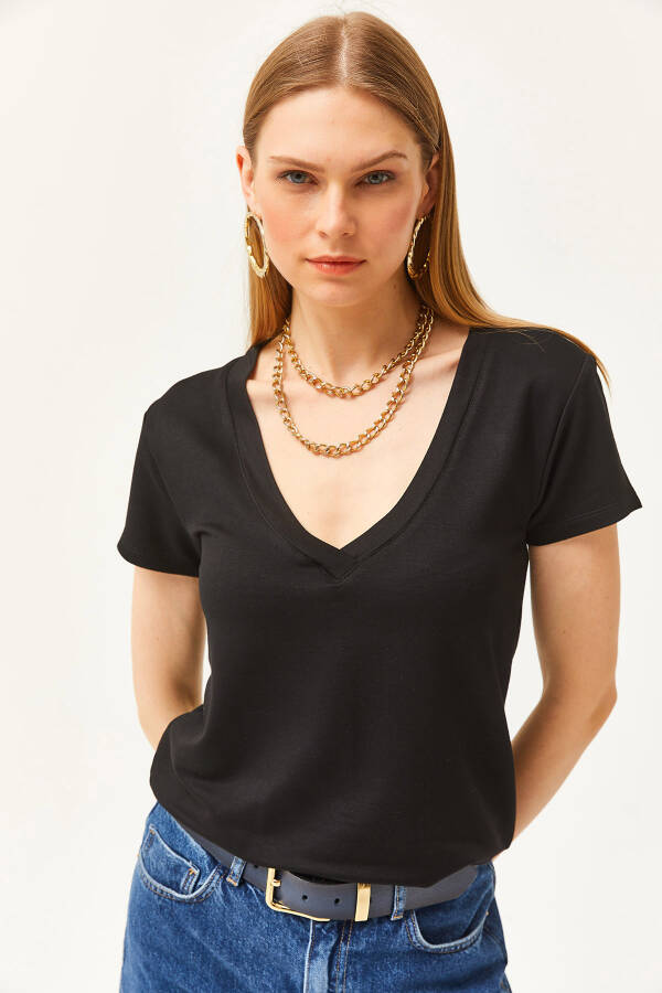 Women's Black Deep V-Neck Modal Buttoned T-Shirt TSH-19000773 - 4