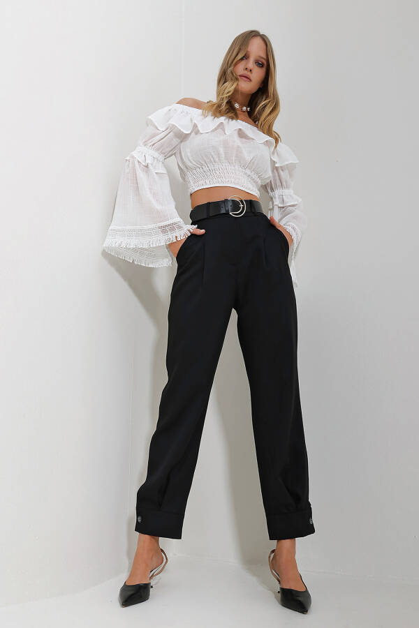 Women's Black Double Fabric Woven Pants with Belt, Leg Buttons and Double Pockets ALC-X11623 - 1