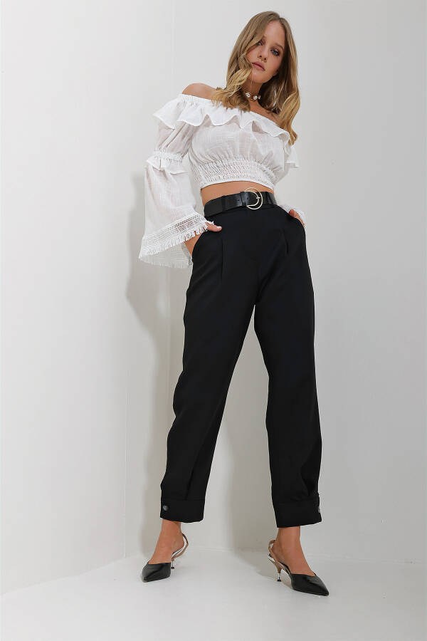 Women's Black Double Fabric Woven Pants with Belt, Leg Buttons and Double Pockets ALC-X11623 - 3