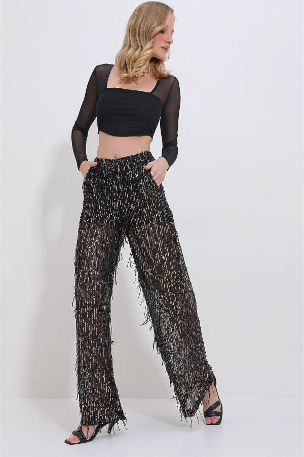 Women's Black Double Pocket Elastic Waist Sequined Tulle Palazzo Pants ALC-X11401 - 2