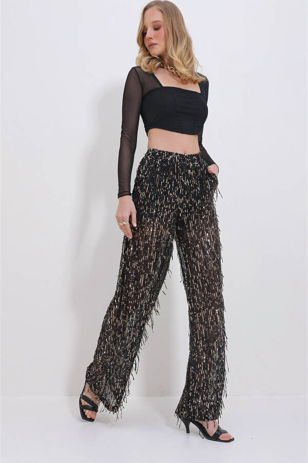 Women's Black Double Pocket Elastic Waist Sequined Tulle Palazzo Pants ALC-X11401 - 3