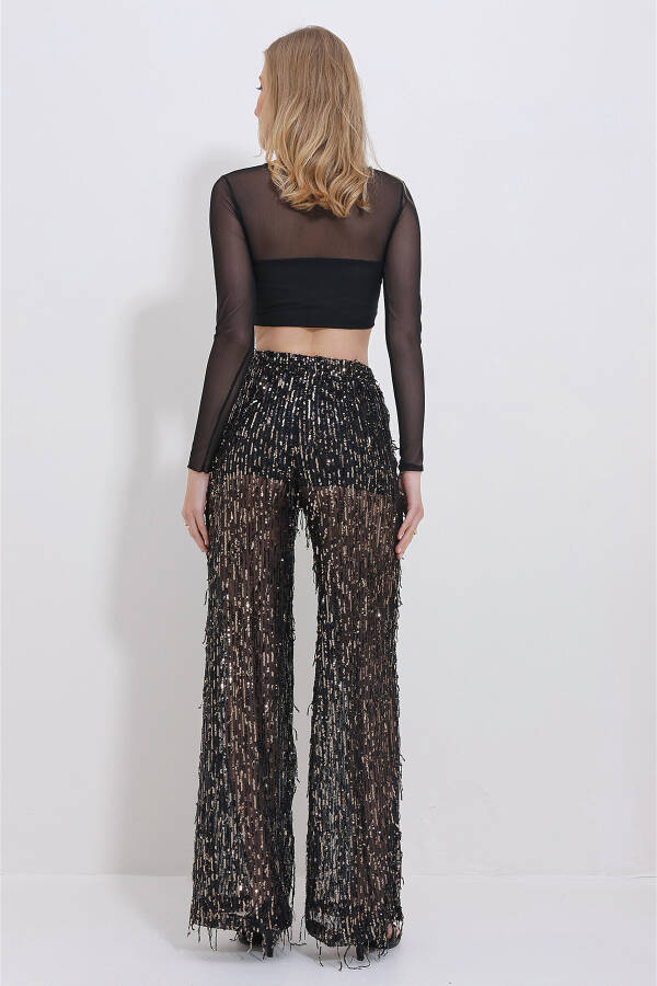 Women's Black Double Pocket Elastic Waist Sequined Tulle Palazzo Pants ALC-X11401 - 5