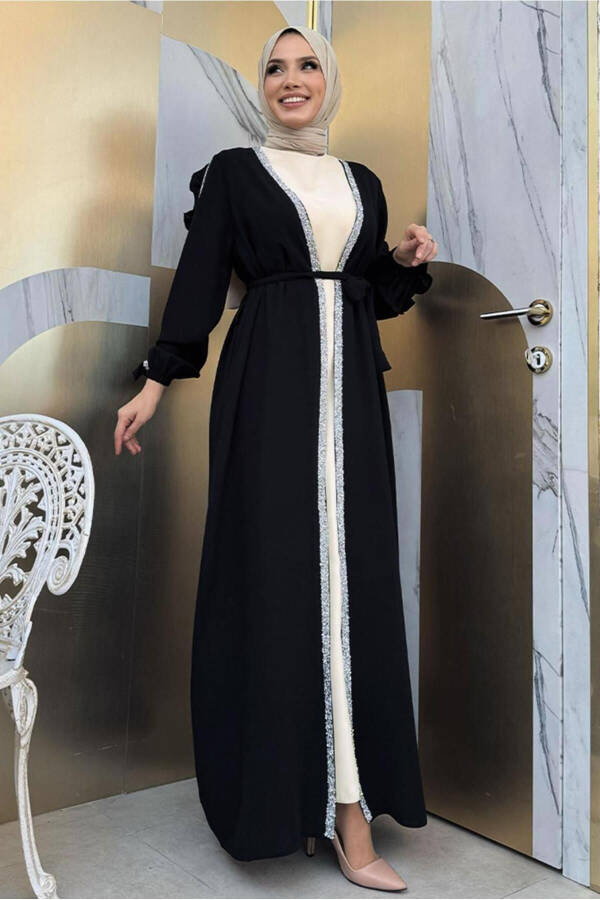 Women's Black Dress Abaya Set with Stone Detail T 4848 - 5