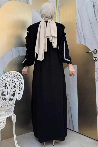 Women's Black Dress Abaya Set with Stone Detail T 4848 - 3